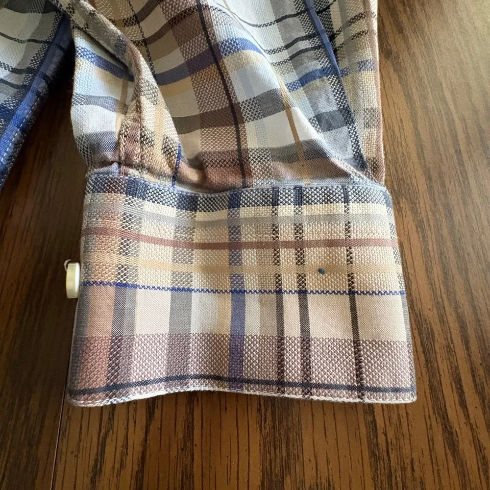 St. Croix Men‎ Button Down Shirt Large Tan Blue Plaid Cotton Italy Pocket EUC!